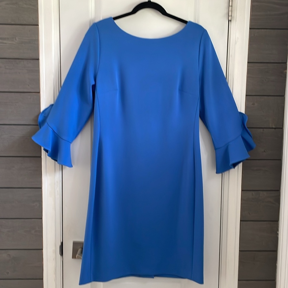 Karl Lagerfeld Blue Scuba Crepe 3/4 Tulip Sleeve Sheath Dress 10 EUC - Picture 3 of 16